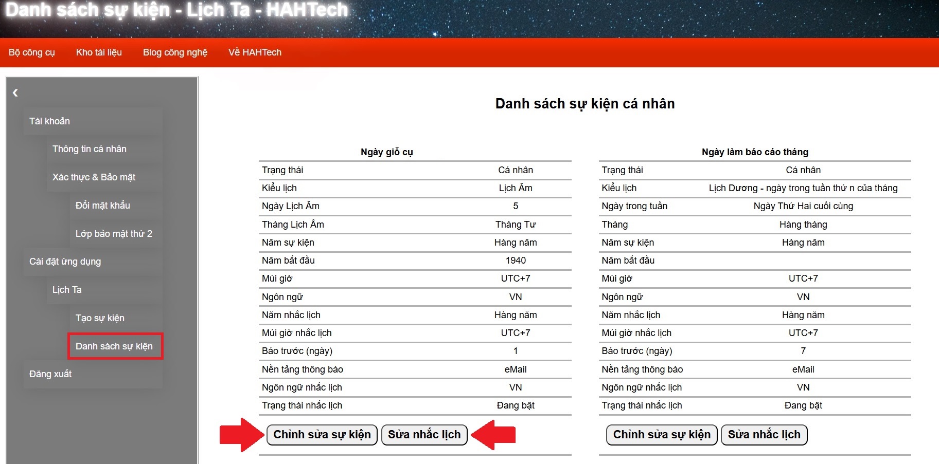 Cách quản lý danh sách sự kiện - Hướng dẫn sử dụng Lịch Ta