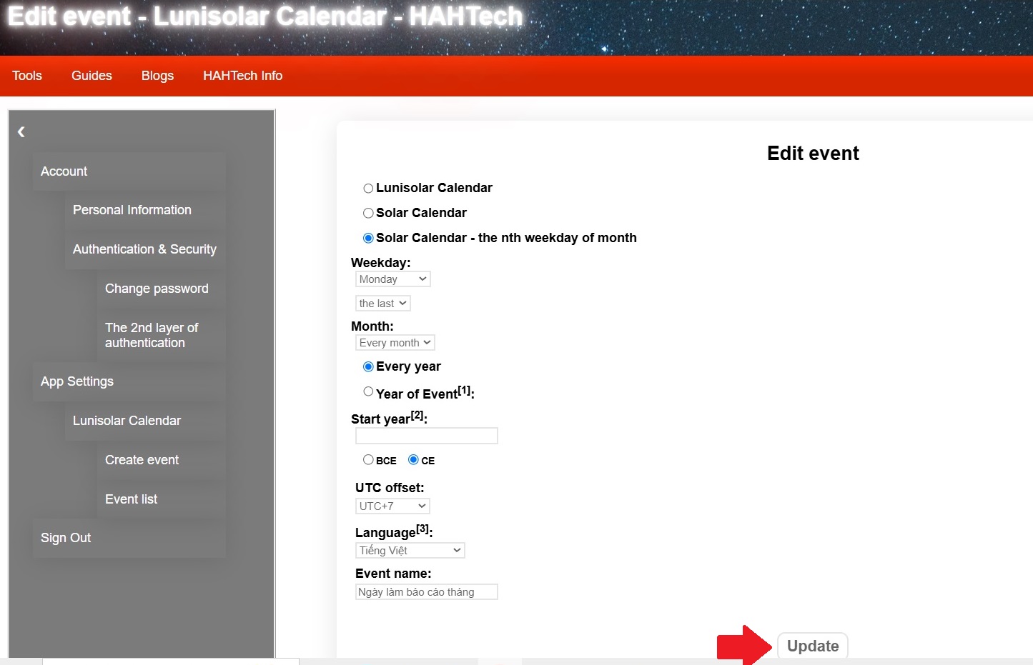 How to edit an event - Lunisolar Calendar User Guide