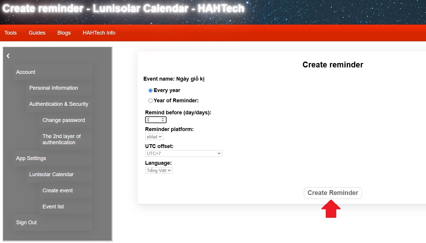 How to create reminders - Lunisolar Calendar User Guide