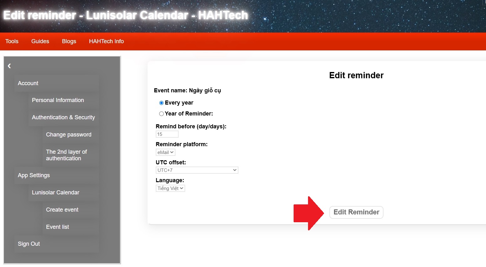 How to edit a reminder - Lunisolar Calendar User Guide