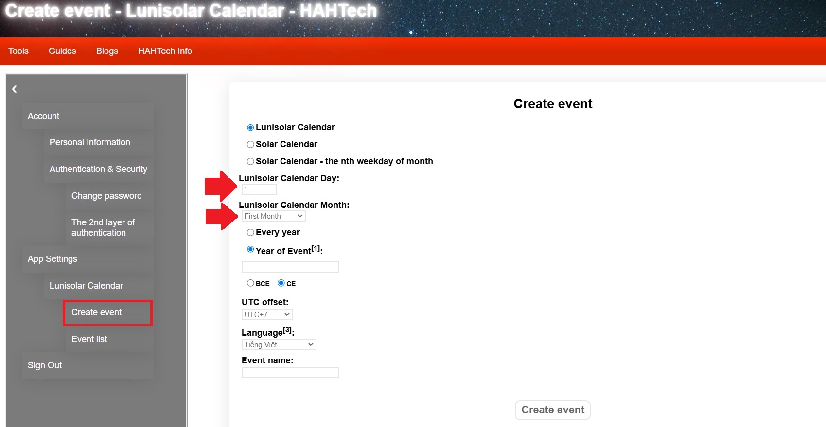 How to create events - Lunisolar Calendar User Guide