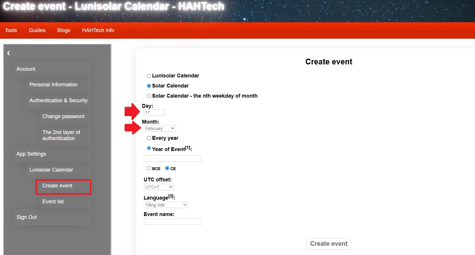 How to create events - Lunisolar Calendar User Guide