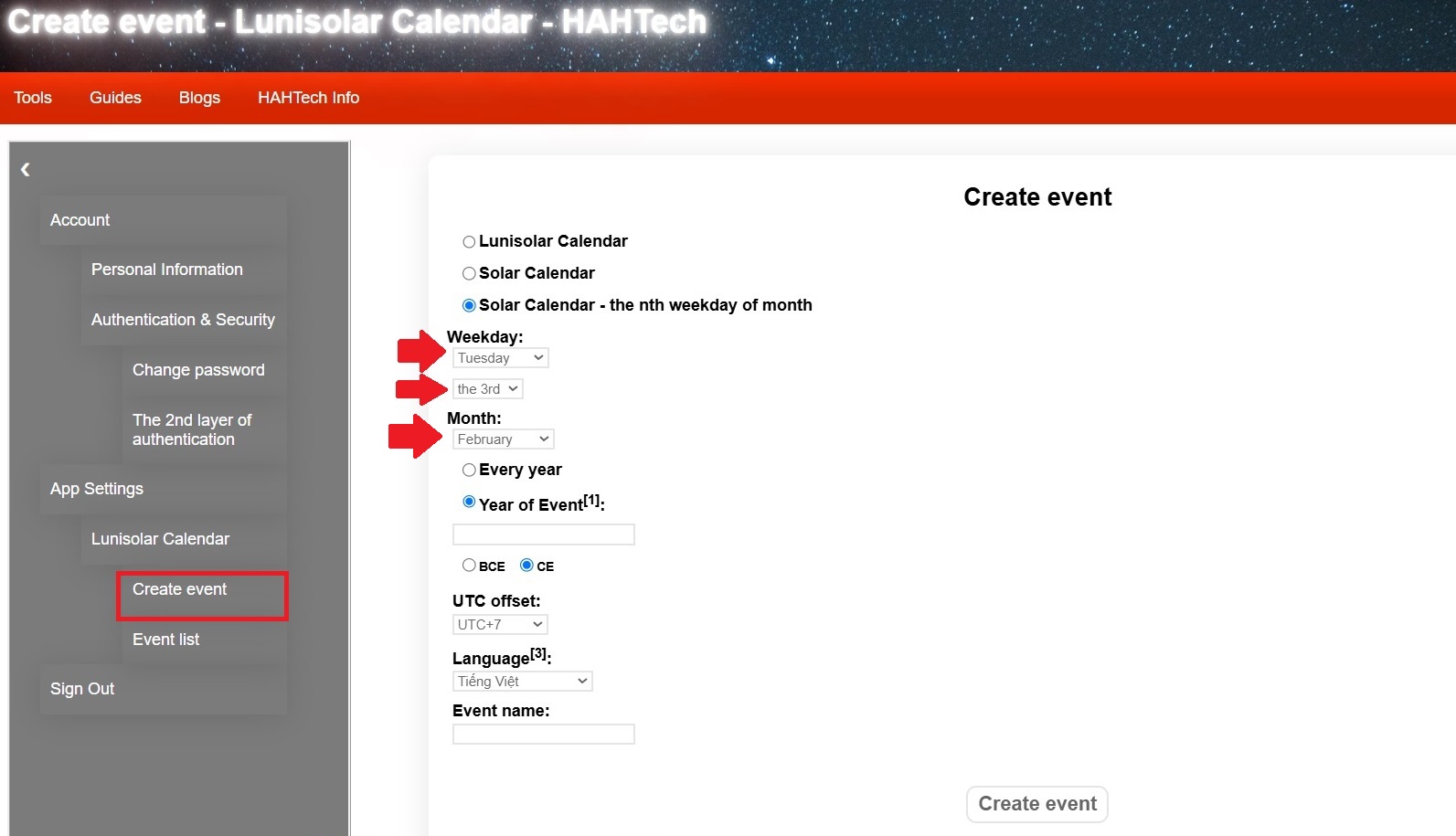 How to create events - Lunisolar Calendar User Guide