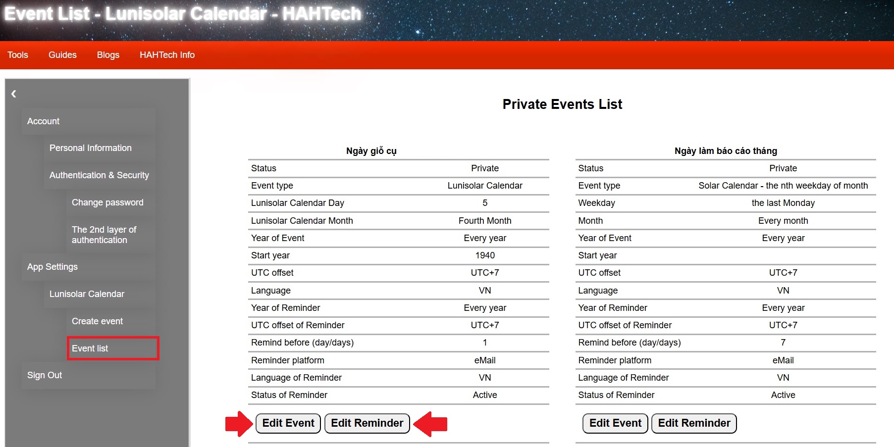 How to manage the event list - Lunisolar Calendar User Guide