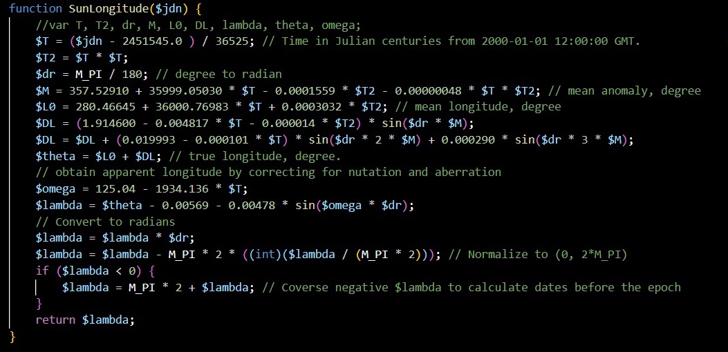 This function calculates the Sun's Ecliptic Longitude for each JDN value